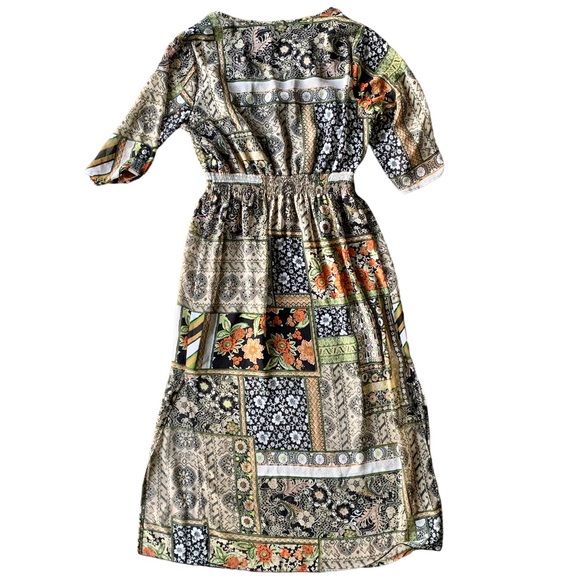 Enfocus Women Multicolor Patchwork Print 3/4 Sleeve Side Slits Midi Dress - Picture 5 of 11